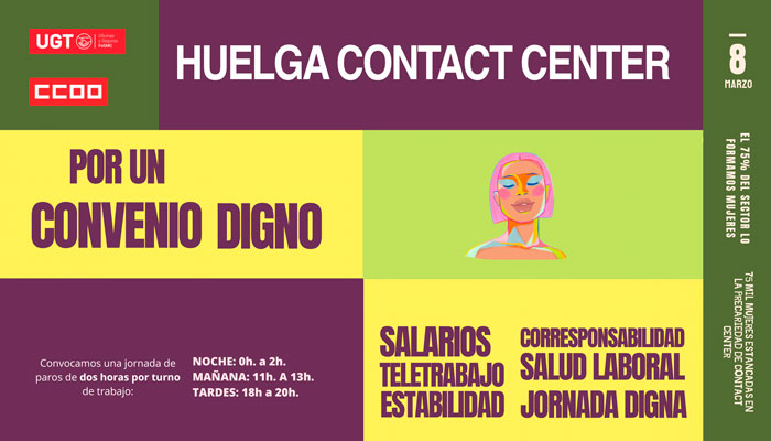 Los sindicatos convocan una jornada de Huelga en Contact Center por la situación del Convenio coincidiendo con el 8M